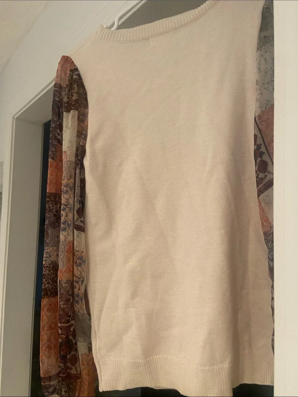 Annie Cream Sweater with Patterned Sheer Patchwork Sleeves
